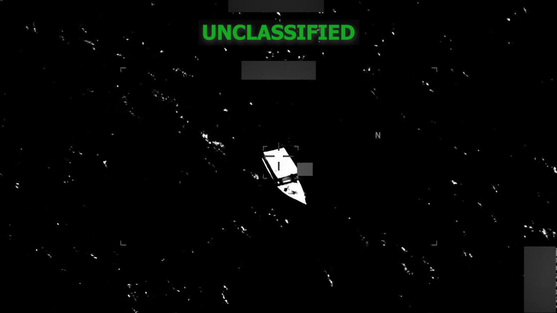 Thermal targeting still from U.S. Southern Command video of a Sept. 9, 2026 lethal kinetic strike on a go-fast vessel in the Caribbean, showing the vessel under a sensor reticle