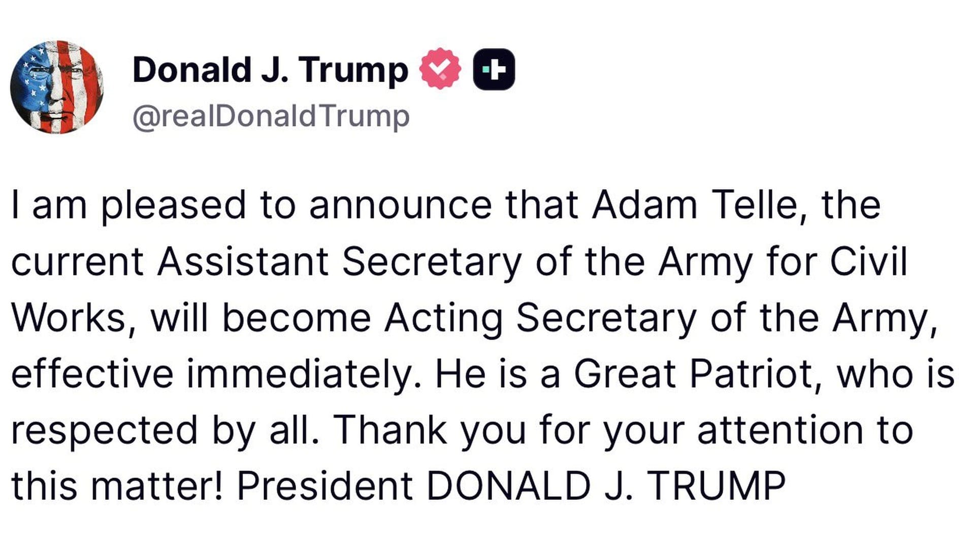 Trump Truth Social-style announcement graphic naming Adam Telle Acting Secretary of the Army