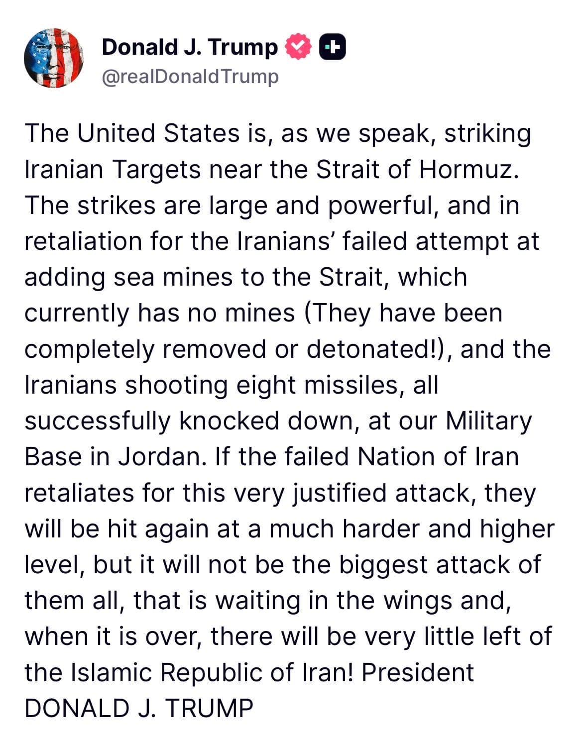 President Donald J. Trump’s Truth Social post on Sept. 1, 2026, announcing U.S. strikes near the Strait of Hormuz